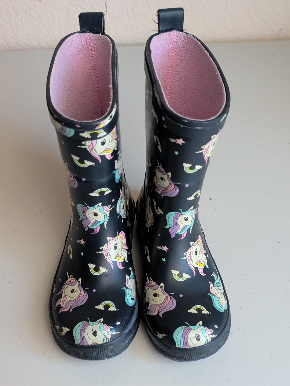 H&M Black Unicorn Rain Boots with Pastel Accents and Pink Lining